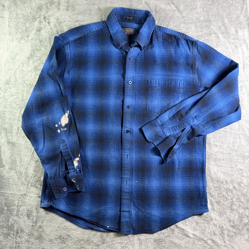 Pendleton Mason Flannel Shirt Blue Plaid Button Up Long Sleeve Mens L (READ)